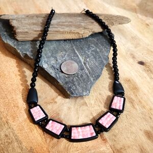 Jay King Pink Rhodochrosite, Onyx and Sterling Silver Necklace NWOT